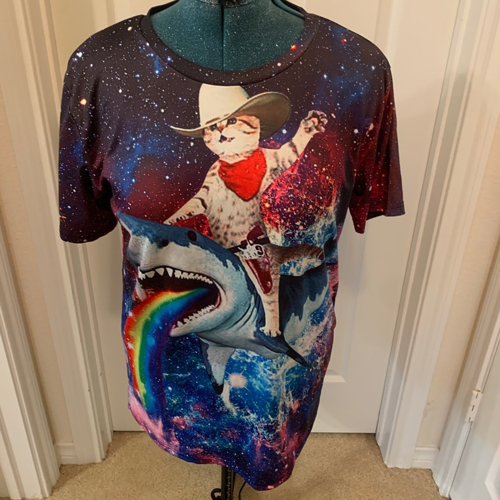Cowboy cat riding shark top